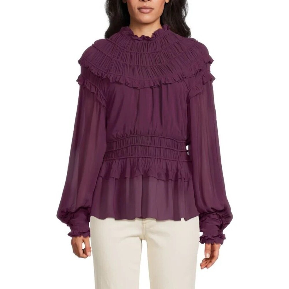 Farm Rio Size XXS Purple Smocked Long Sleeve Mock Neck Ruffled Peplum Top NWOT - Picture 1 of 13